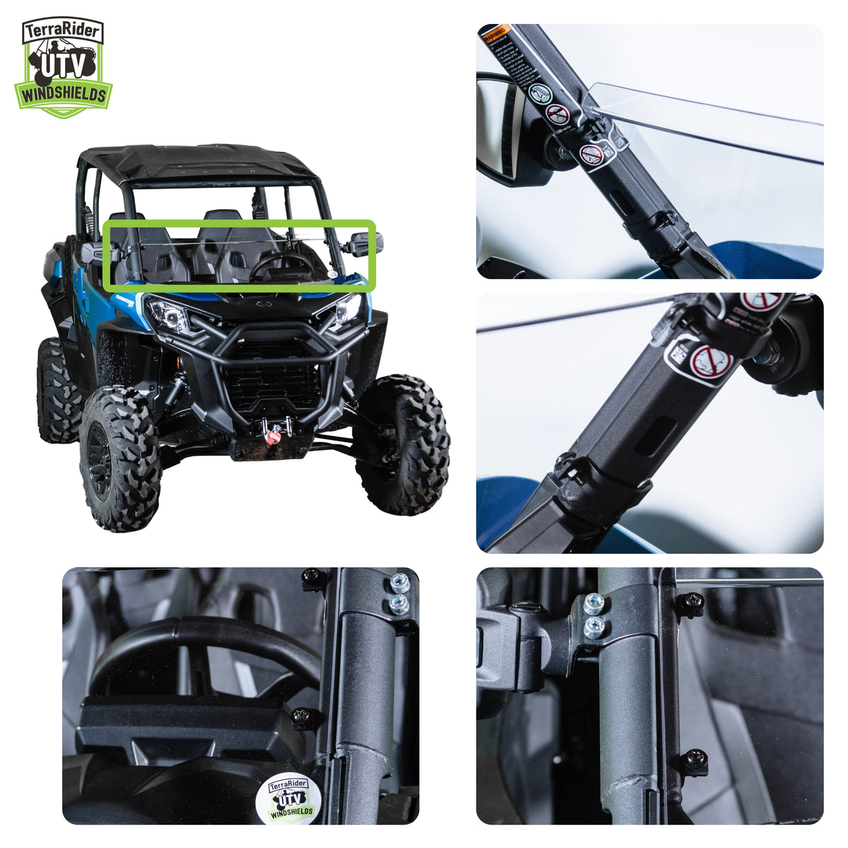 Close-up views of the Commander half windshield clamps and installed fit on the side-by-side roll cage