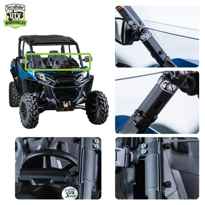 Close-up views of the Commander half windshield clamps and installed fit on the side-by-side roll cage
