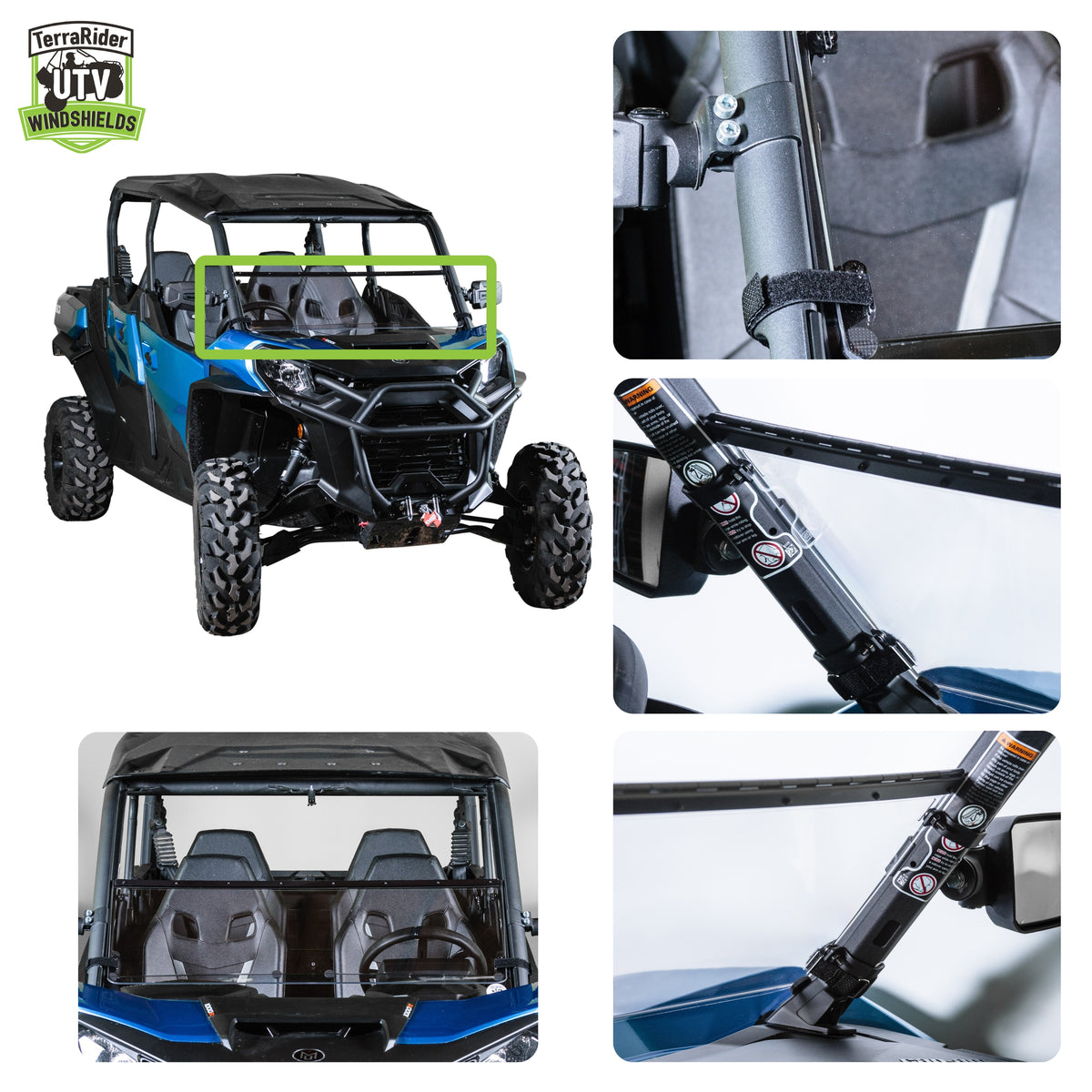 Close-up views of the Commander tilting windshield hinge and clamps on the side-by-side roll cage. gallery-1