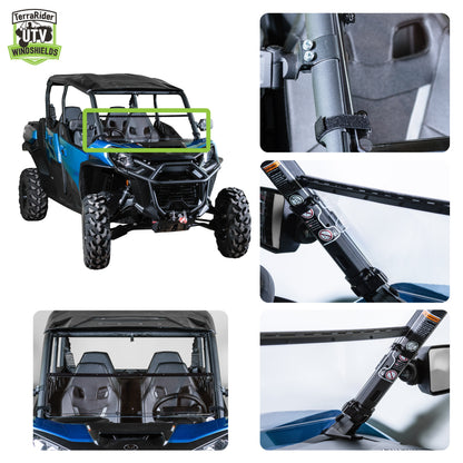 Close-up views of the Commander tilting windshield hinge and clamps on the side-by-side roll cage. gallery-1