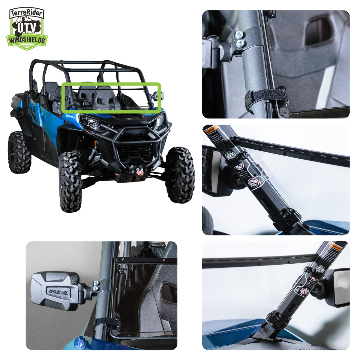Close-up views of the Commander tilting windshield hinge and clamps on the side-by-side roll cage. gallery-2