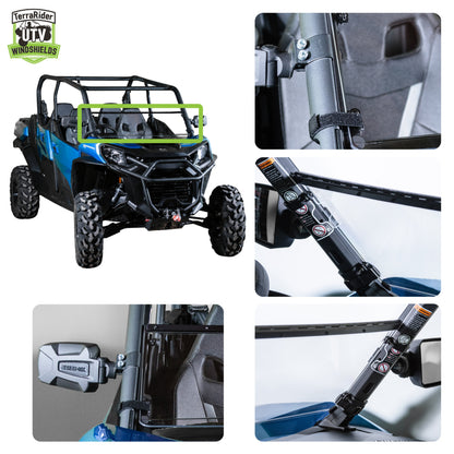 Close-up views of the Commander tilting windshield hinge and clamps on the side-by-side roll cage. gallery-2
