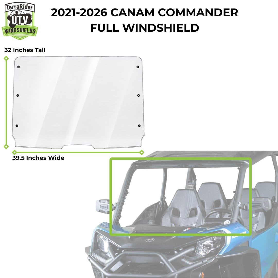 2021-2026 Can-Am Commander full windshield dimensions, 32 inches tall by 39.5 inches wide