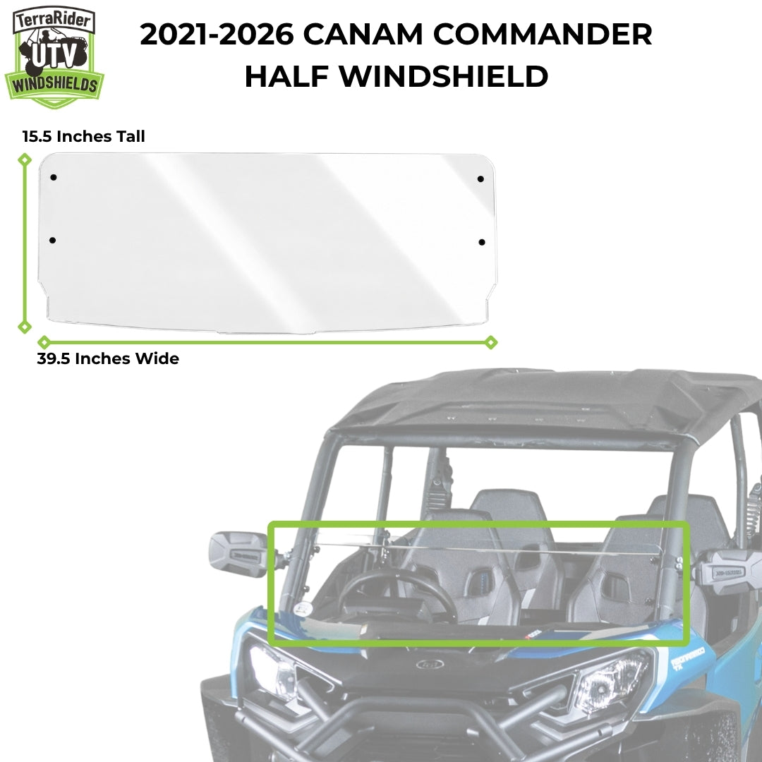 2021-2026 Can-Am Commander half windshield dimensions, 15.5 inches tall by 39.5 inches wide