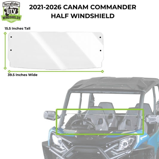 2021-2026 Can-Am Commander half windshield dimensions, 15.5 inches tall by 39.5 inches wide