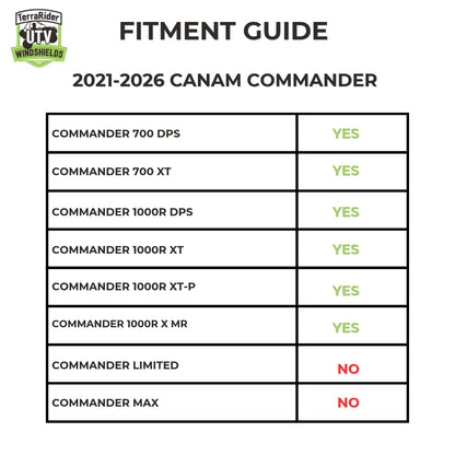 Fitment guide for 2021-2026 Can-Am Commander 700 DPS, 700 XT, 1000R DPS, 1000R XT, 1000R XT-P and 1000R X MR