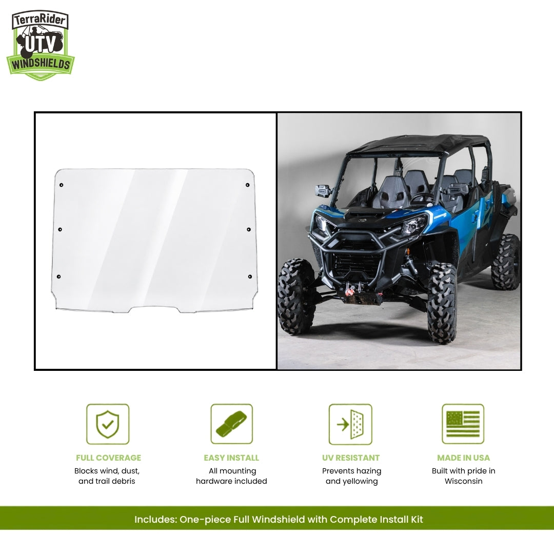Can-Am Commander one-piece full windshield, shown installed on a blue Commander