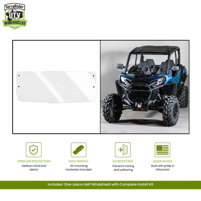 Can-Am Commander one-piece half windshield, shown installed on a blue Commander