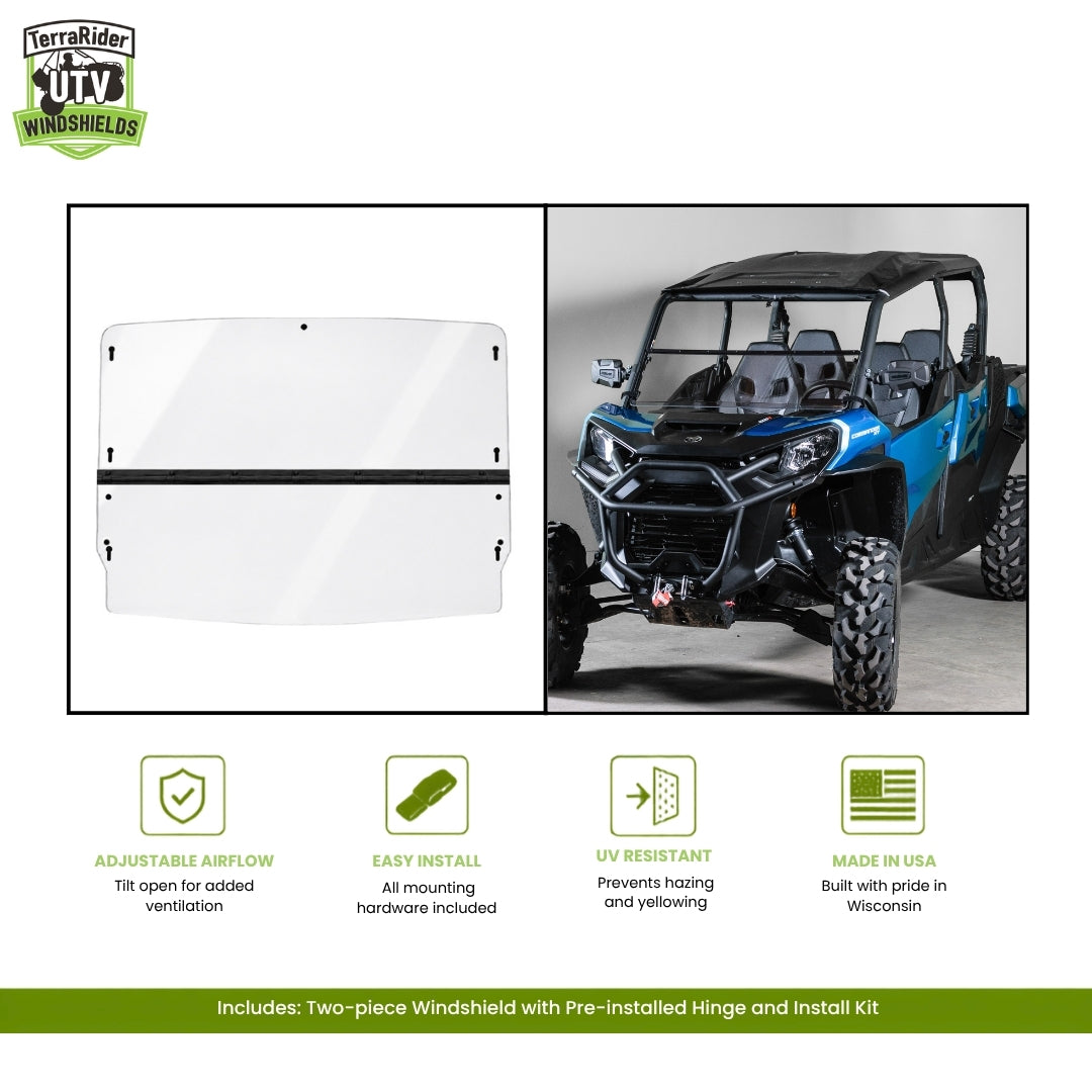 Can-Am Commander two-piece tilting windshield with pre-installed hinge, shown installed on a blue Commander with a hard top. gallery-1