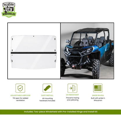 Can-Am Commander two-piece tilting windshield with pre-installed hinge, shown installed on a blue Commander with a hard top. gallery-1