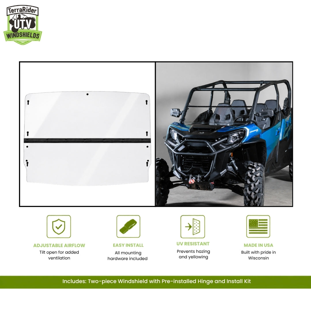 Can-Am Commander two-piece tilting windshield with pre-installed hinge, shown installed on a blue Commander with no top. gallery-2