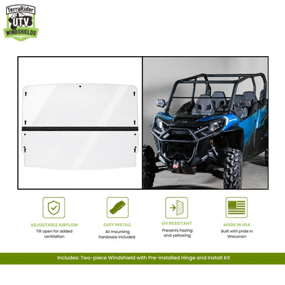 Can-Am Commander two-piece tilting windshield with pre-installed hinge, shown installed on a blue Commander with no top. gallery-2