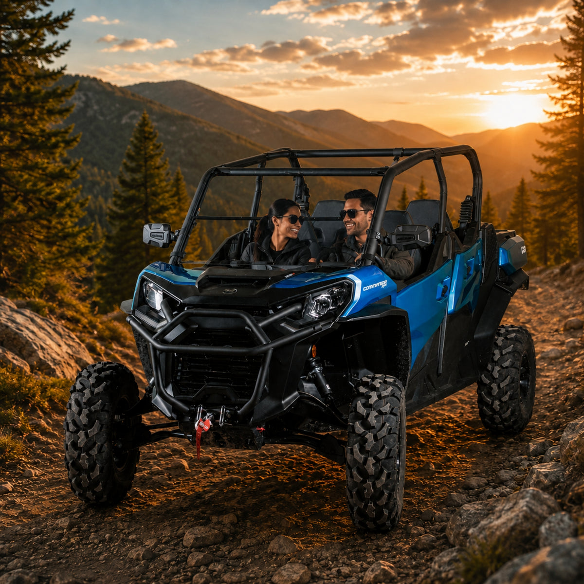 Blue Can-Am Commander with tilting windshield on a ridge at sunset. gallery-2
