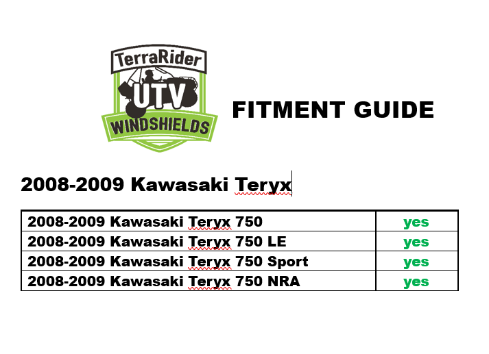2008-2009 KAWASAKI TERYX 2 SEATER TILTING UTV WINDSHIELD - FOR FACTORY HARD TOP (TK00140, TK00198 & TK00882)