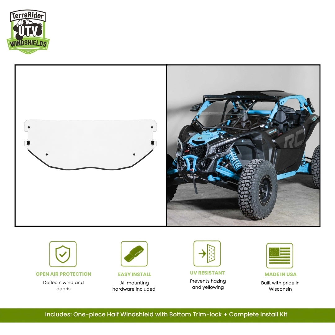 Can-Am Maverick X3 one-piece half windshield (without visor) with bottom trim-lock, shown installed on a blue X3. gallery-1