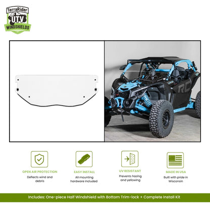 Can-Am Maverick X3 one-piece half windshield (without visor) with bottom trim-lock, shown installed on a blue X3. gallery-1